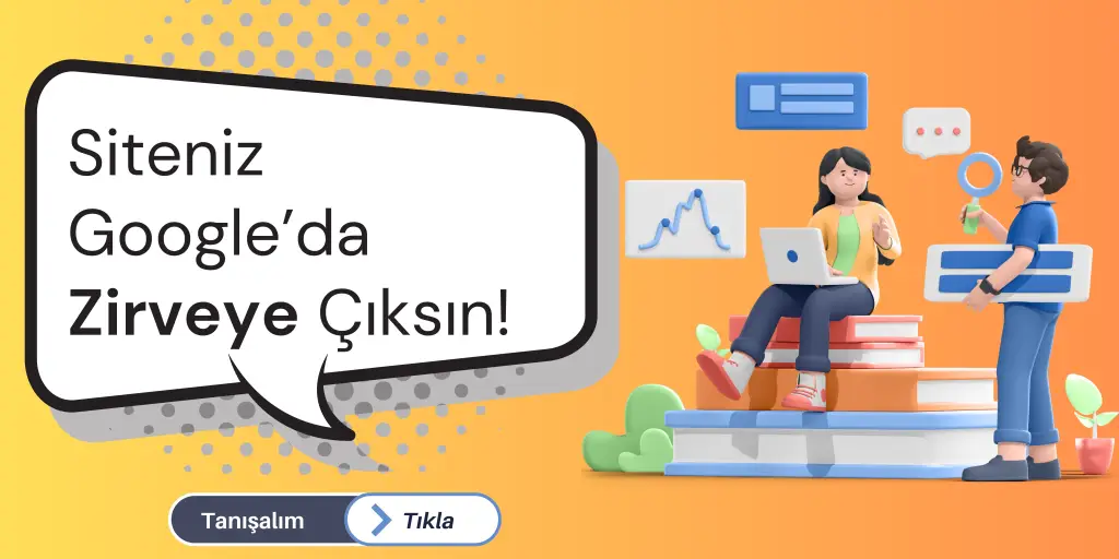 Bir kadın ve erkeğin bilgisayar ile çalıştığı, Google'da zirveye çıkma temalı bir illüstrasyon. Grafikler ve metin balonları içeriyor.