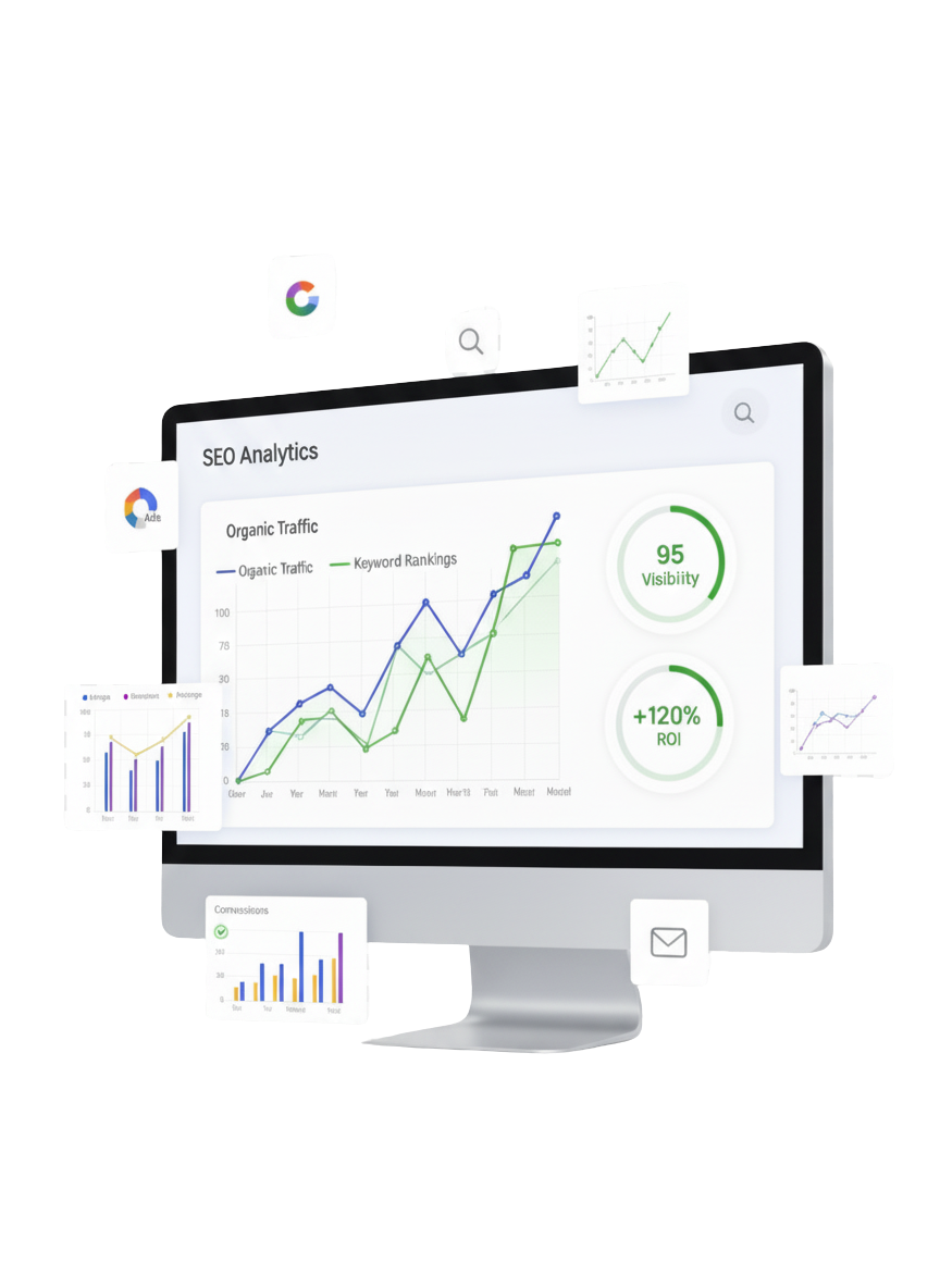 Laptop ekranında SEO organik trafik yükselişi; çizgi ve bar grafikler